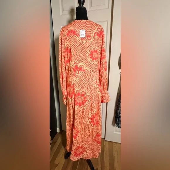 Free People Button front, tie detail, retro maxi dress, orange cream red - Picture 2 of 7